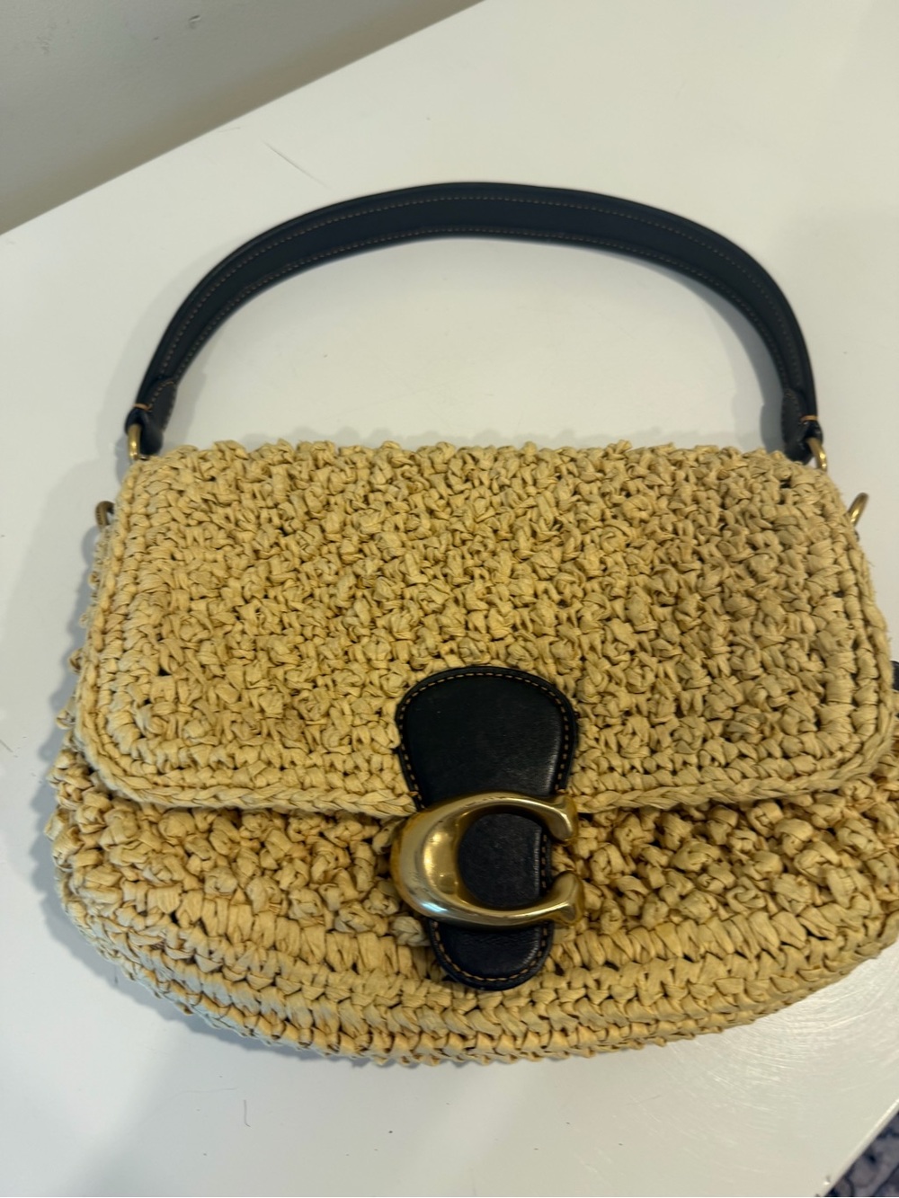COACH Woven Straw with removable Leather Top-Handle and Crossbody Strap